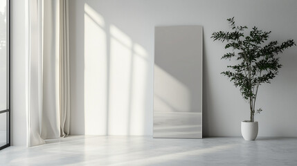 Minimalist rectangular mirror elegantly leans against wall, offering subtle reflection and refined modern interior aesthetics