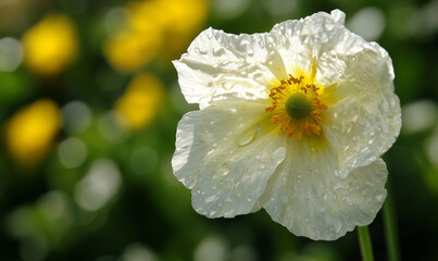 Obraz premium Close-up view of a wilting flower enduring intense heatwave, symbolizing fragility amid relentless climatic stress