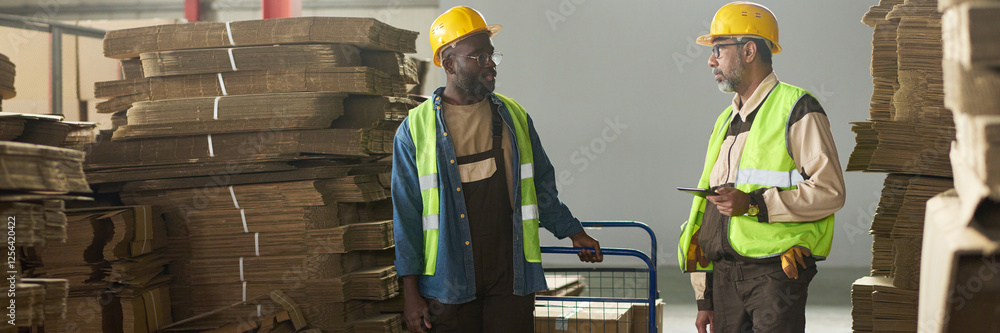 Leinwandbilder Header of two intercultural engineers having discussion between stacks of cardboard sheets while one of them pulling cart with boxes