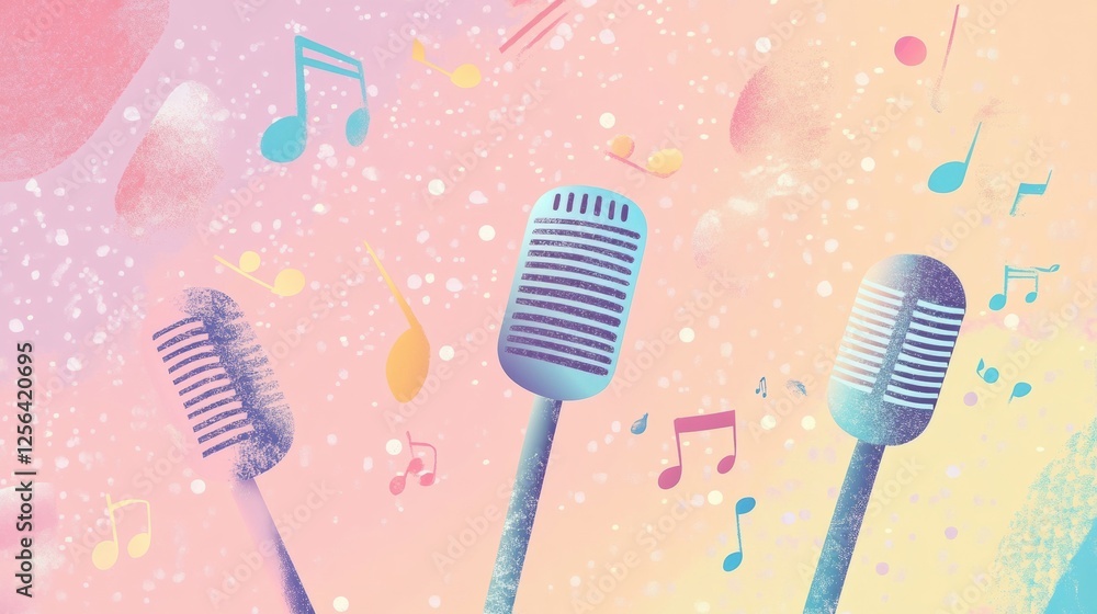 Fototapete Vibrant minimalist K pop inspired background design featuring music notes and microphones for creative projects. Generative AI