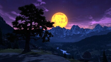 Majestic full moon illuminating a dark mountain range, a lone tree silhouetted against the vibrant sky.