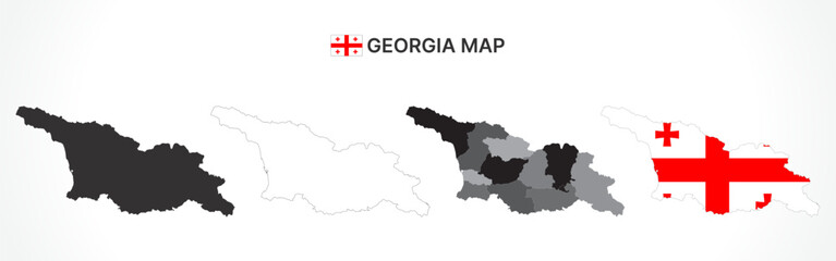 Detailed Georgia Map Collection with Outline, Silhouette, Regions, and Flag Overlay Variations