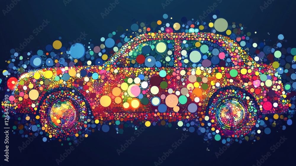 Poster car from the particles. the car consists of circles and points. vector illustration