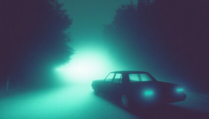 Fototapeta premium A vintage car navigates a foggy road at night, surrounded by trees and eerie light