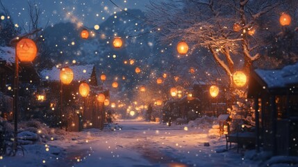 Enchanted Winter Village: A Snowy Night's Illumination