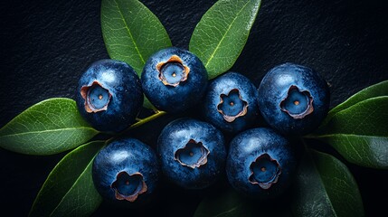 Fresh Blueberries Still Life on Dark Background with Green Leaves