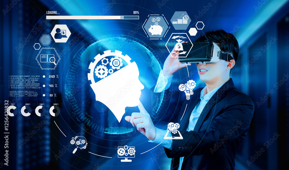 Poster businessman with headset standing at data center while using ai assistance. project manager pointing