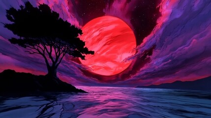 Silhouette of a tree against a vibrant red and purple sunset over a calm body of water.