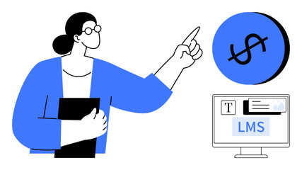 Professional with glasses points at dollar sign inside blue circle while holding documents. LMS on computer screen. Ideal for education, business growth, financial planning, professional development