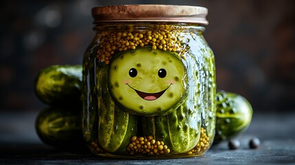 Pickled Cucumbers in Jar with Smiling Face Enjoying the Brine
