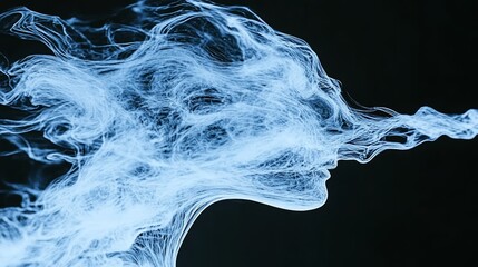 Abstract portrait of a woman, rendered in ethereal blue hues against a dark backdrop.  The image evokes a sense of mystery and fluidity.