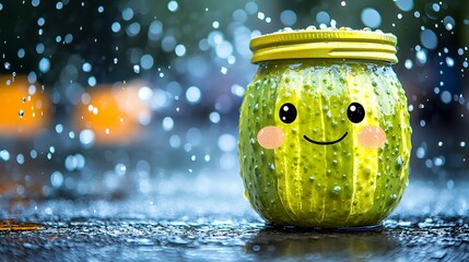 Cute Pickle Jar Character in the Rain with Smiling Face
