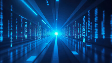 Obraz premium Digital tunnel of light with glowing figures and binary code
