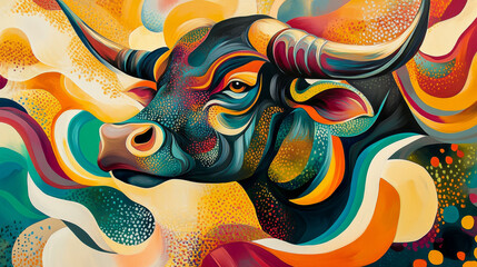 Obraz premium Abstract bull-themed background with bold geometric shapes, colorful waves, and strong design elements, representing power and energy in a vibrant artistic style.