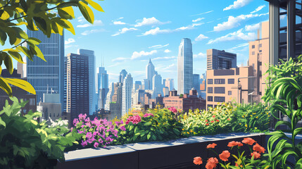 Fototapeta premium Urban rooftop garden with city view. Bio-Organic Cities. Illustration