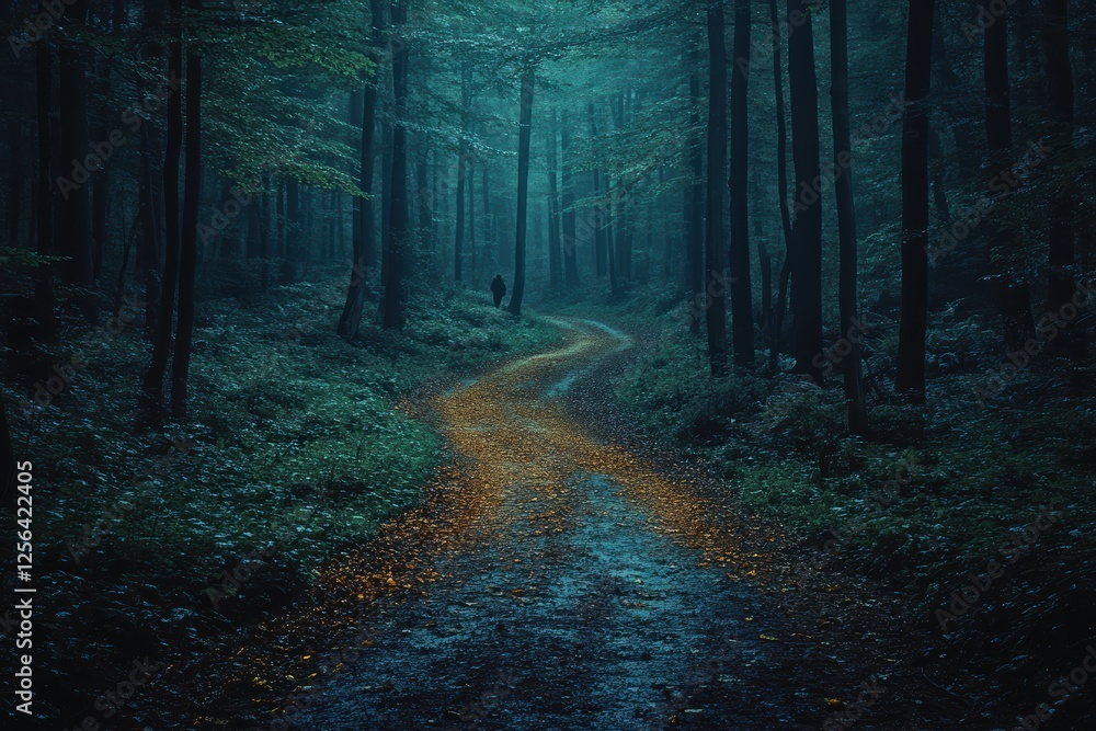Poster winding path through a dark forest with subtle movement in the distance