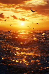 A futuristic autonomous ocean-cleaning drone skimming the water’s surface, collecting plastic debris under a golden sunset, symbolizing innovation in conservation Generative AI