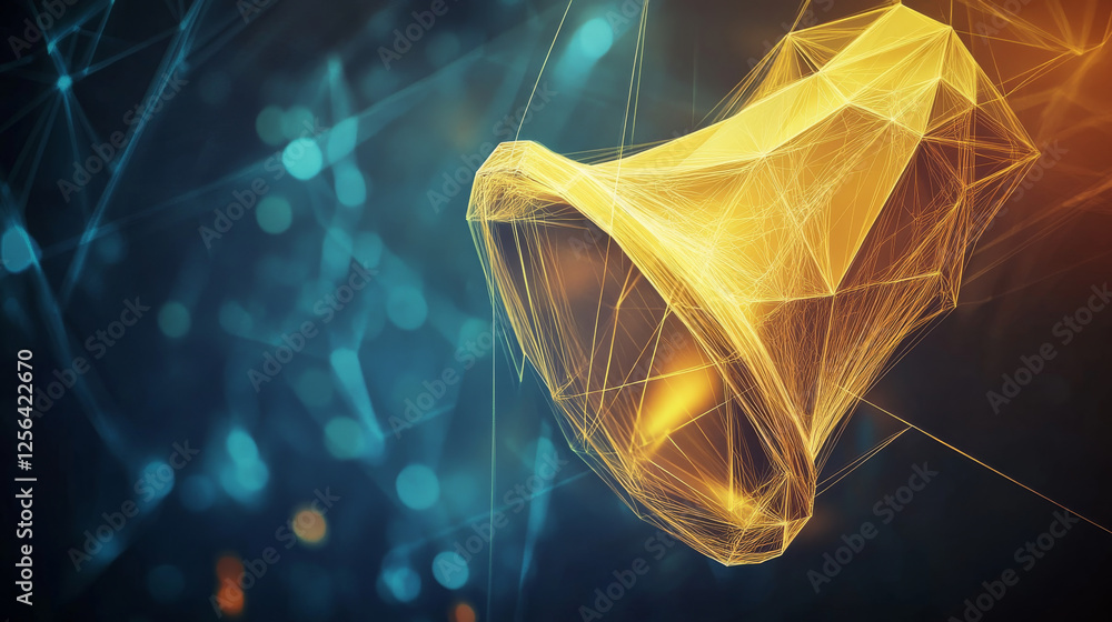 Poster a hologram of a bell. notifications of polygons, triangles of points, and lines. the bell is a low-p
