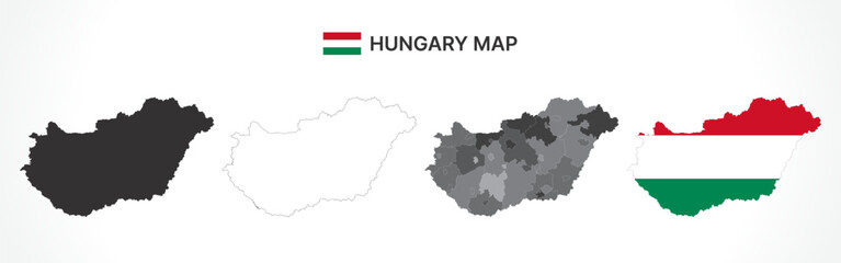 Detailed Hungary Map Collection with Outline, Silhouette, Counties, and Flag Overlay Variations