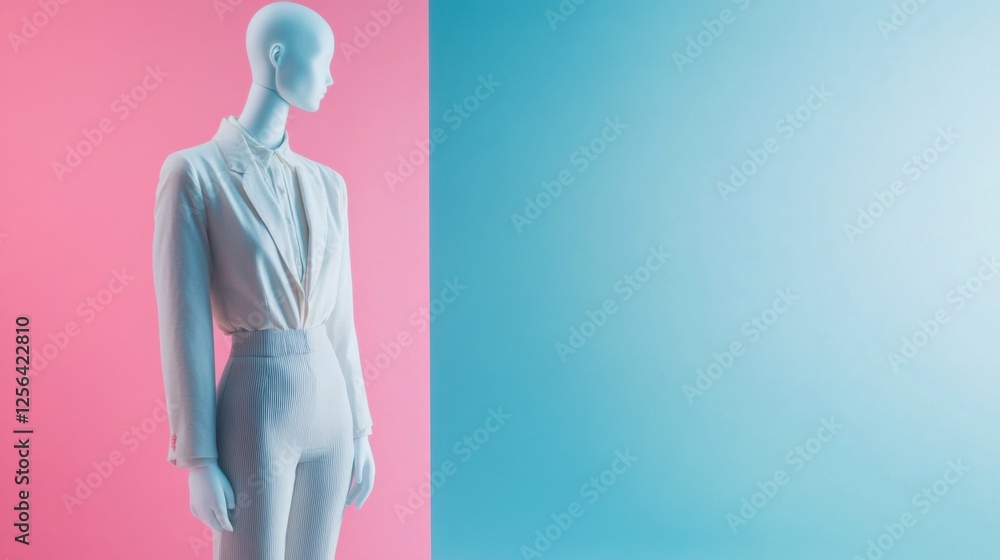 Aufkleber stylish mannequin showcasing modern outfit against a pastel background with clean lighting and blank
