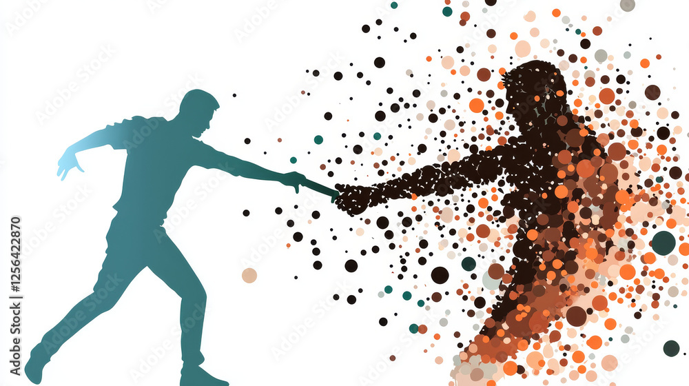 Poster self-defense of the particles. man defends against attack with a knife. silhouette of dots and circl