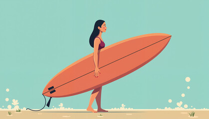 Surfer woman carrying surfboard on beach