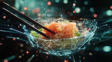 Hologram of Chinese sticks. Chinese sticks made of polygons, triangles of dots and lines. Asian cuisine low-poly compound structure. Technology concept vector.
