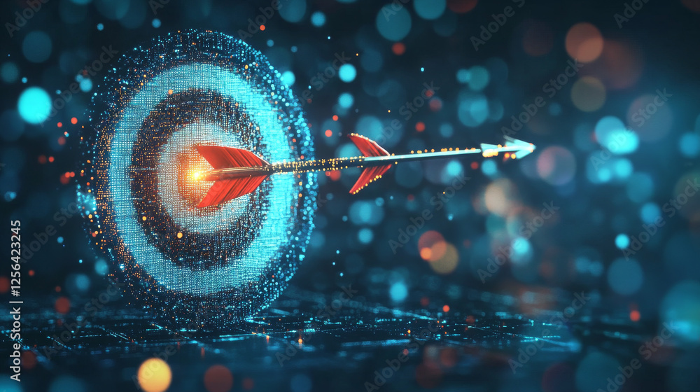 Poster target and arrows of particles. the target and arrows are made up of small circles and dots.