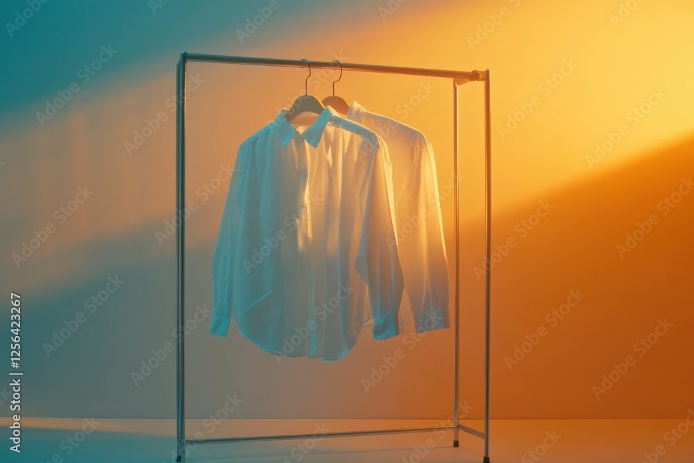 Poster minimalist clothing rack displays neatly arranged garments in soft golden light. generative ai