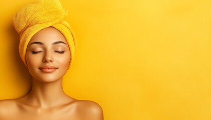 A woman enjoys a peaceful moment with closed eyes, wearing a yellow towel