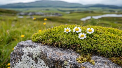 Obraz premium Three daisies on moss-covered rock, highland landscape