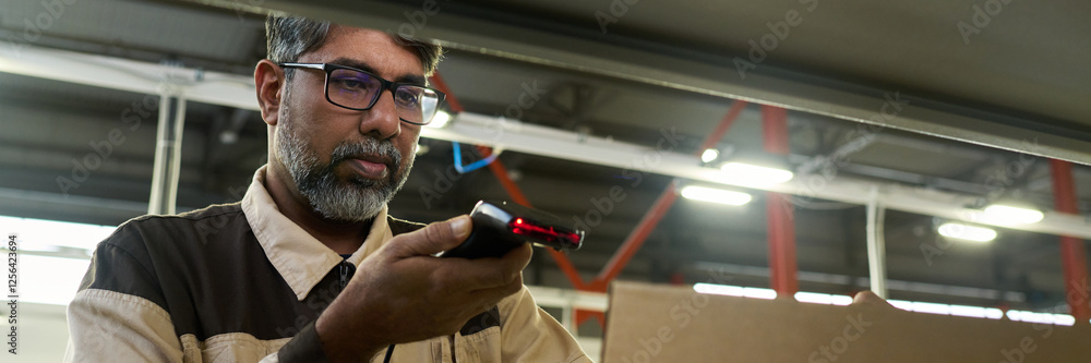 Fototapete Header of mature multiethnic factory worker scanning barcodes on packed cardboard boxes while making revision in warehouse