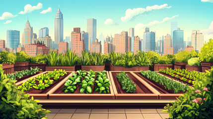 Fototapeta premium Urban rooftop garden with city view. Bio-Organic Cities. Illustration