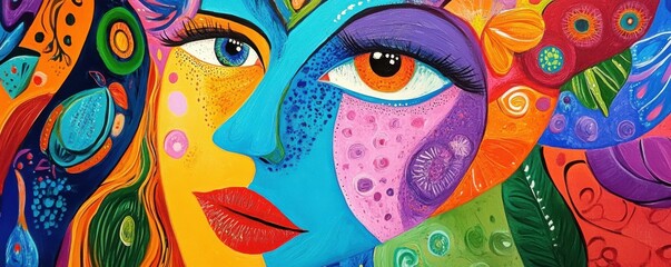 Obraz premium Vibrant abstract portrait with multicolored face and floral elements