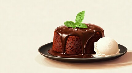   A slice of cake on a dish with a scoop of ice cream and a garnish of fresh mint leaves