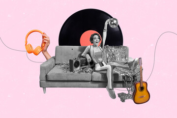 Creative composite sketch design collage of young lady sit coach hold discoball headphones vinyl...