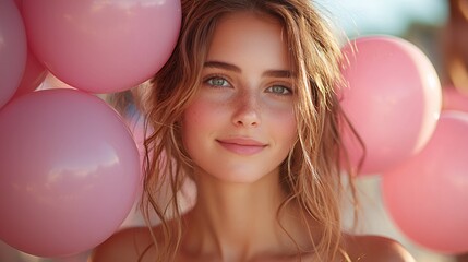 Smiling Woman with Pink Balloons Celebrating a Happy Moment Outdoors
