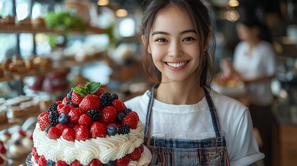 Smiling Baker Holding Beautiful Berry Cake in Bakery Shop