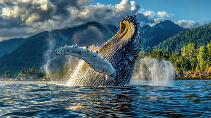 Majestic humpback whale breaching the ocean surface near lush green mountains under a vibrant sky