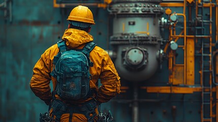 Worker in Hard Hat Inspecting Industrial Plant Machinery with Backpack