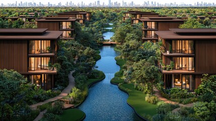 Fototapeta premium Modern Waterfront Homes Nestled In Lush Greenery