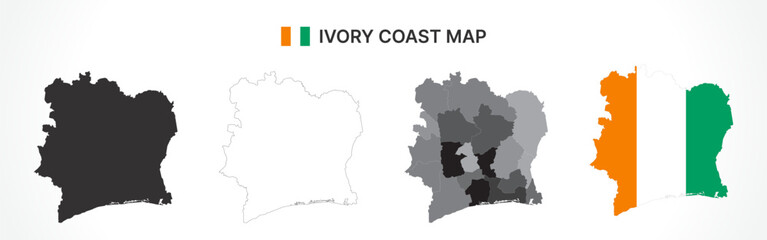 Detailed Ivory Coast Map Collection with Outline, Silhouette, Regions, and Flag Overlay Variations