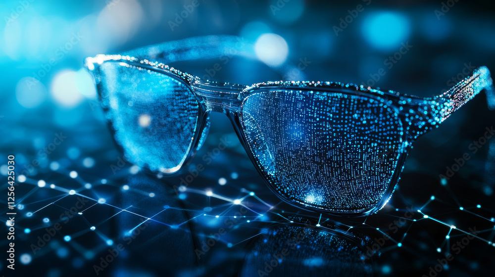 Poster hologram glasses. glasses made of polygons, triangles of dots and lines. glasses are a low-poly comp
