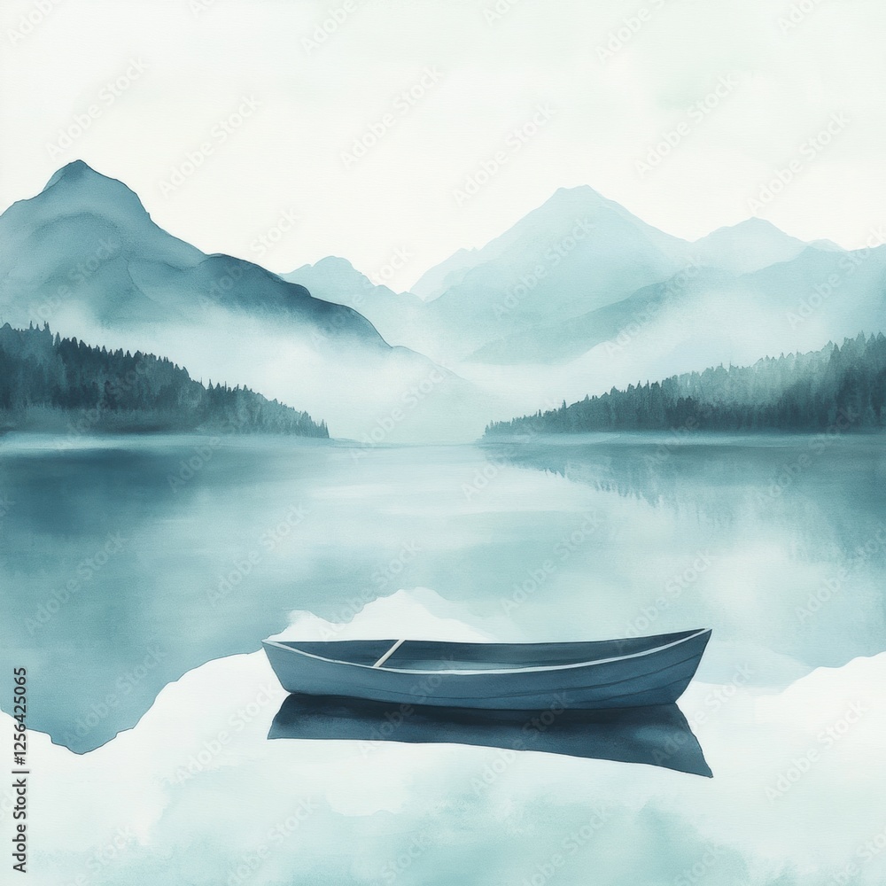 Poster Serene watercolor illustration of a rowboat on a calm mountain lake with a blank sky perfect for text placement. Generative AI