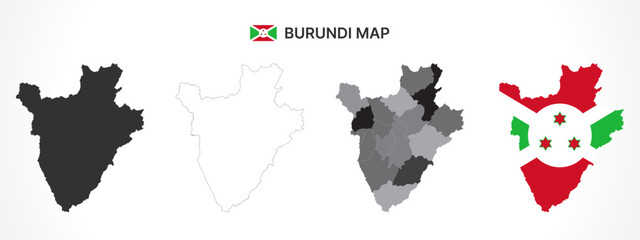 Detailed Burundi Map Collection with Outline, Silhouette, Provinces, and Flag Overlay Variations