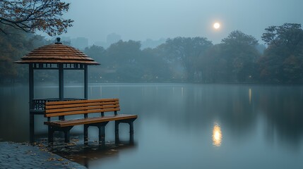 Bench on Lake with Gazebo and Foggy Scenery in Autumn
