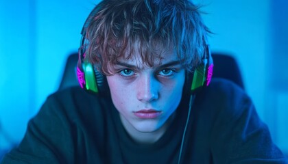 Young male gamer intensely engages with his gaming setup in a blue-lit space