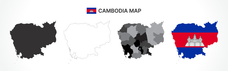 Fototapeta premium Detailed Cambodia Map Collection with Outline, Silhouette, Provinces, and Flag Overlay Variations