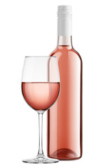 Pink Wine Bottle, Wineglass, isolated on white background, full depth of field