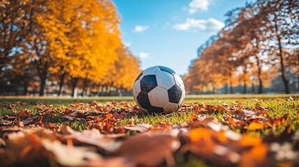 Soccer Ball on Autumn Leaves in Park on Sunny Day